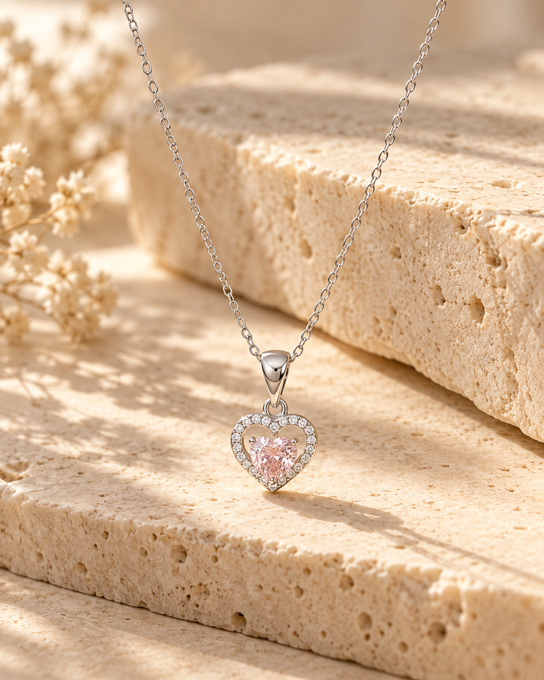 Pembe Zirkon Taşlı Çift Kalp 925 Ayar Gümüş Kolye — 2. fotoğraf